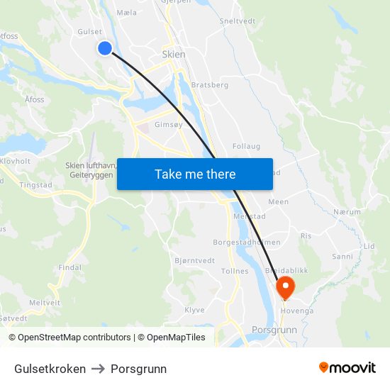 Gulsetkroken to Porsgrunn map