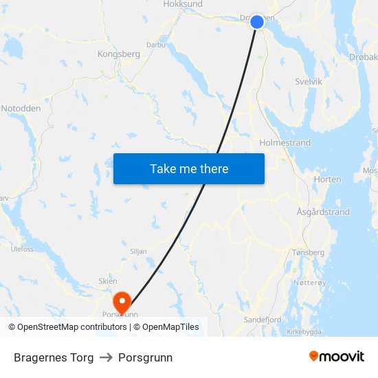 Bragernes Torg to Porsgrunn map