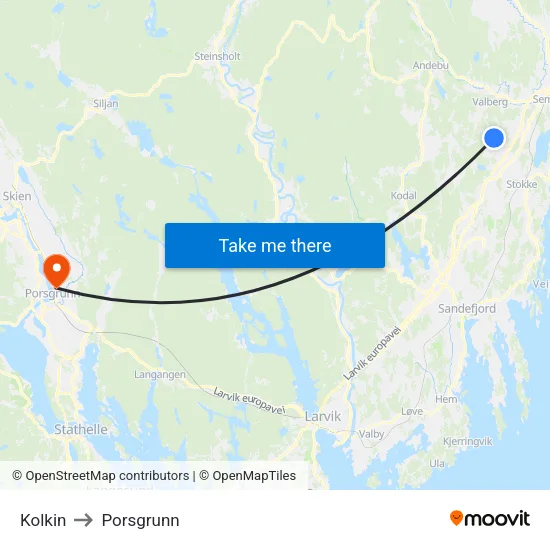 Kolkin to Porsgrunn map