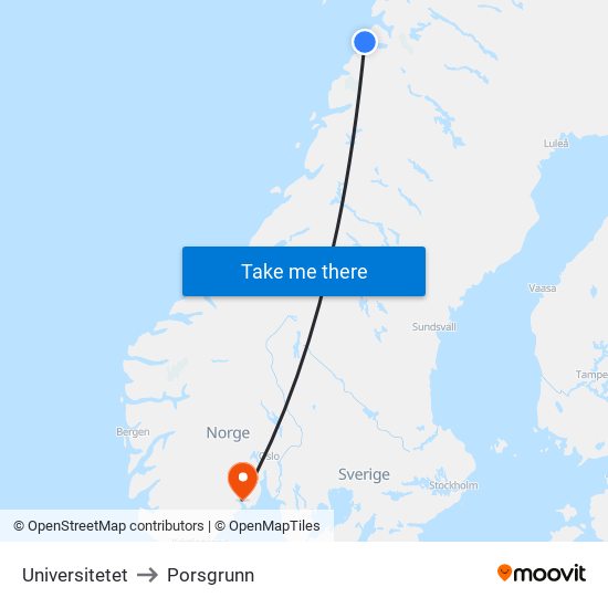 Universitetet to Porsgrunn map