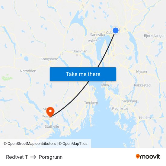 Rødtvet T to Porsgrunn map