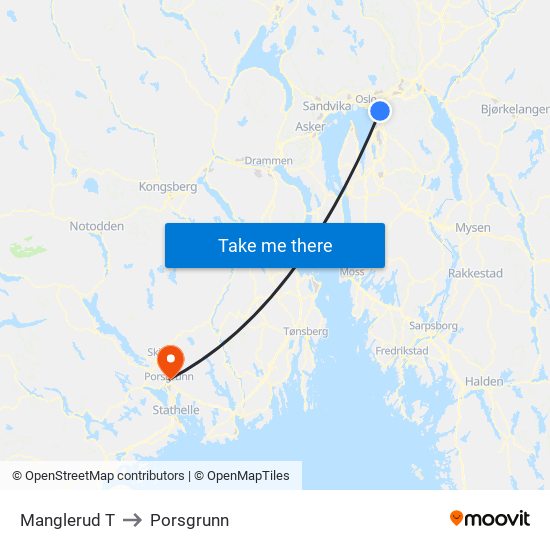 Manglerud T to Porsgrunn map