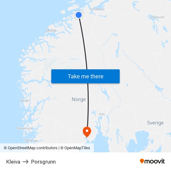 Kleiva to Porsgrunn map