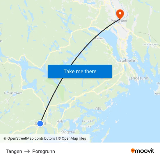 Tangen to Porsgrunn map