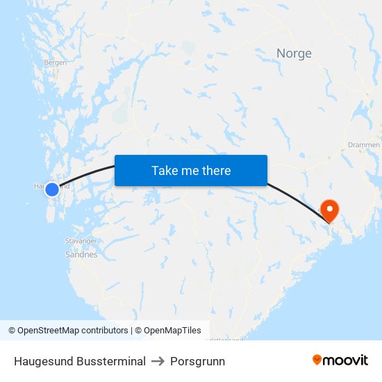 Haugesund Bussterminal to Porsgrunn map