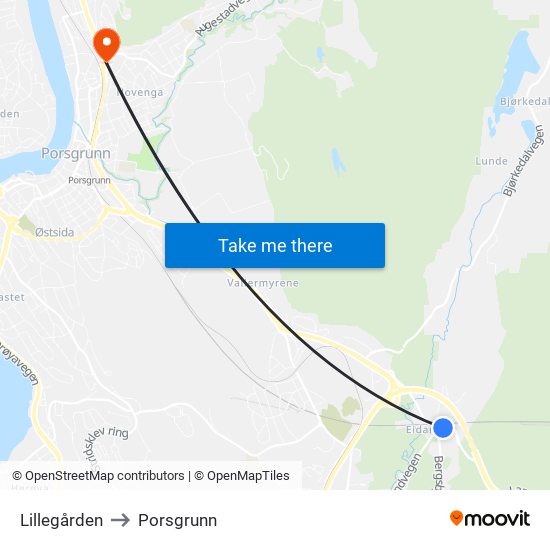 Lillegården to Porsgrunn map