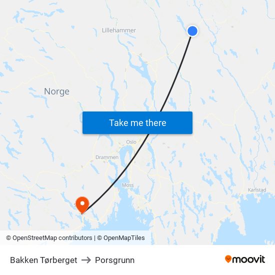 Bakken Tørberget to Porsgrunn map