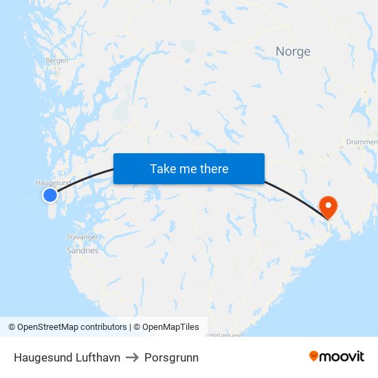 Haugesund Lufthavn to Porsgrunn map