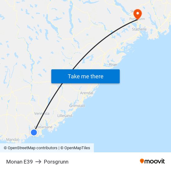 Monan E39 to Porsgrunn map