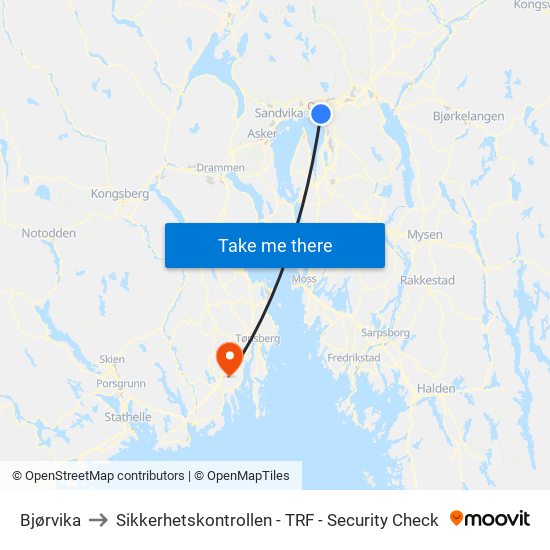 Bjørvika to Sikkerhetskontrollen - TRF - Security Check map