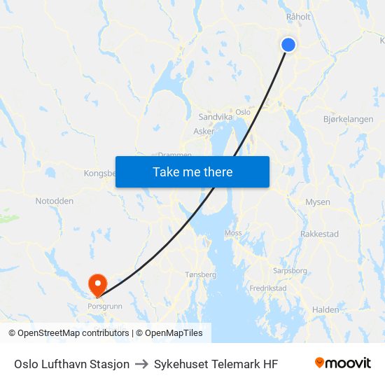 Oslo Lufthavn Stasjon to Sykehuset Telemark HF map