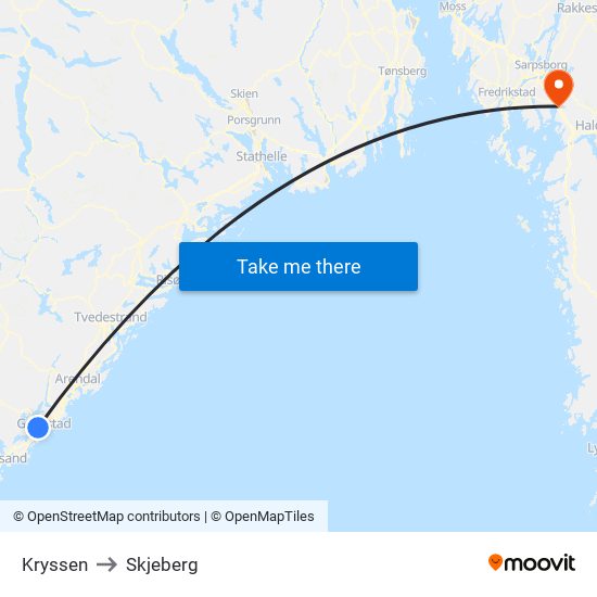 Kryssen to Skjeberg map