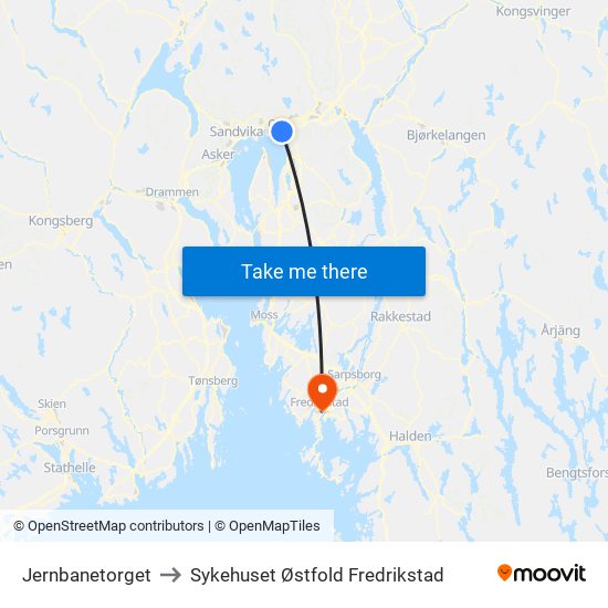 Jernbanetorget to Sykehuset Østfold Fredrikstad map