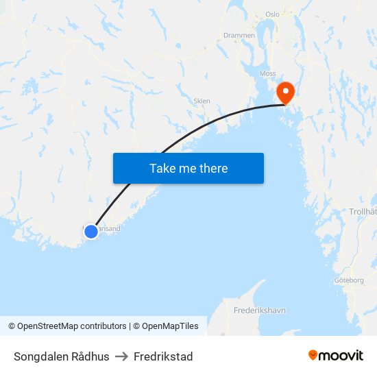 Songdalen Rådhus to Fredrikstad map