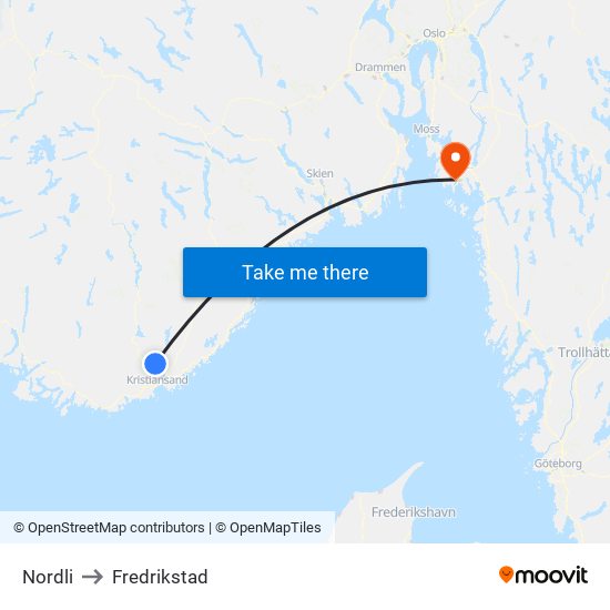 Nordli to Fredrikstad map