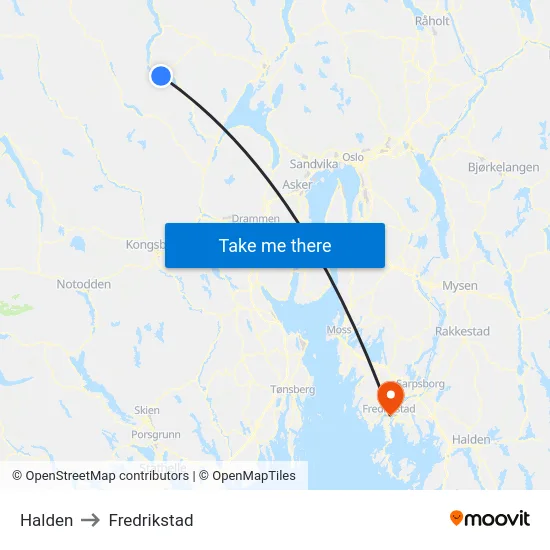 Halden to Fredrikstad map