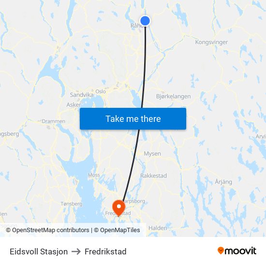 Eidsvoll Stasjon to Fredrikstad map