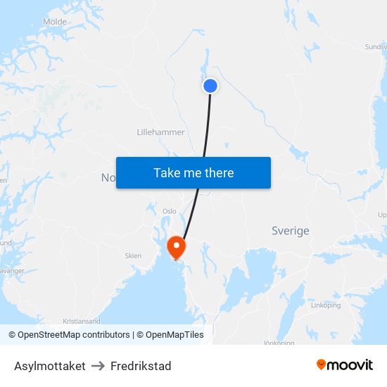 Asylmottaket to Fredrikstad map