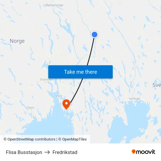 Flisa Busstasjon to Fredrikstad map