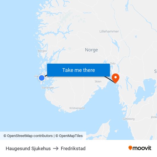 Haugesund Sjukehus to Fredrikstad map
