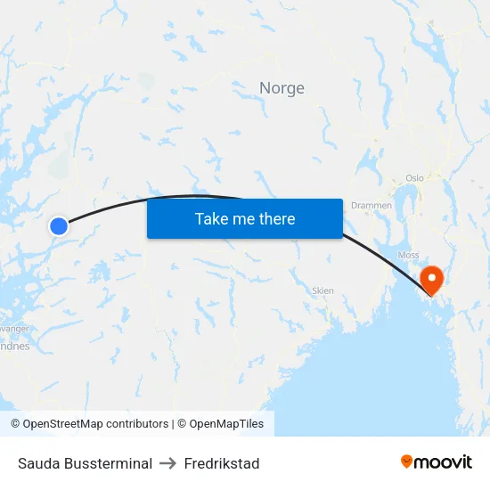 Sauda Bussterminal to Fredrikstad map