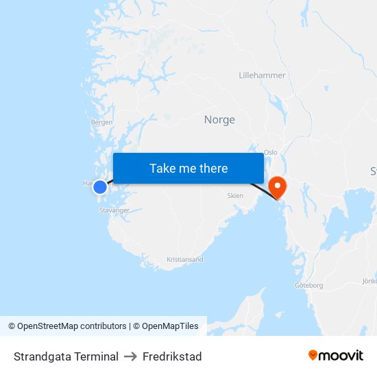 Strandgata Terminal to Fredrikstad map