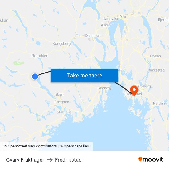 Gvarv Fruktlager to Fredrikstad map
