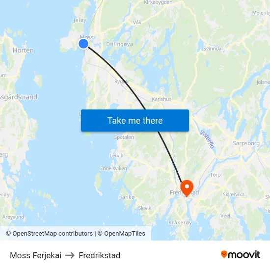 Moss Ferjekai to Fredrikstad map