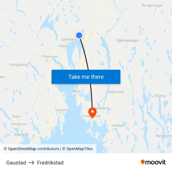 Gaustad to Fredrikstad map