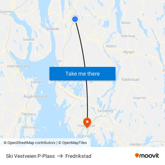 Ski Vestveien P-Plass to Fredrikstad map