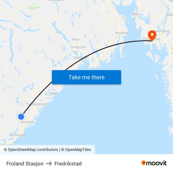 Froland Stasjon to Fredrikstad map