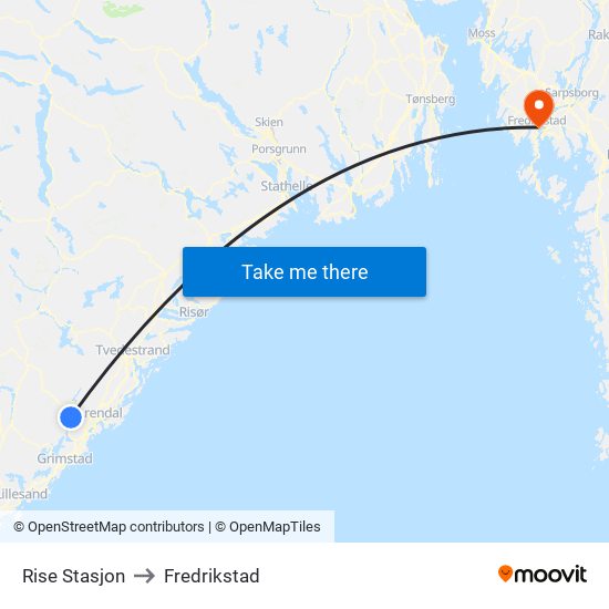 Rise Stasjon to Fredrikstad map