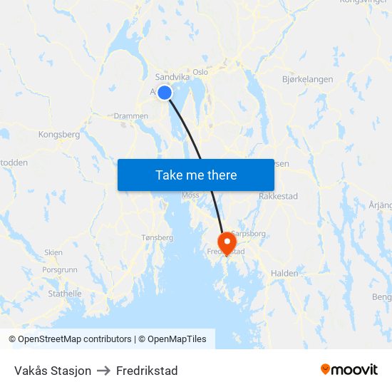 Vakås Stasjon to Fredrikstad map