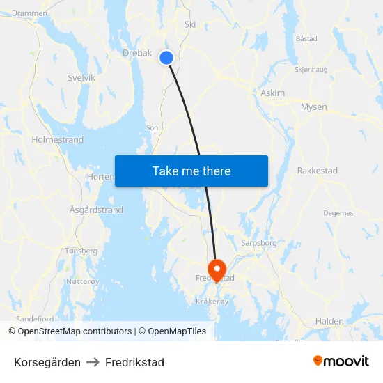 Korsegården to Fredrikstad map