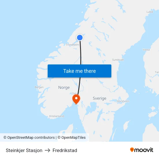 Steinkjer Stasjon to Fredrikstad map