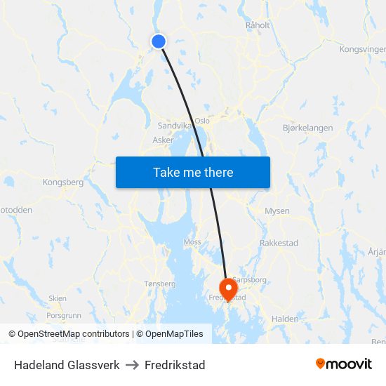 Hadeland Glassverk to Fredrikstad map