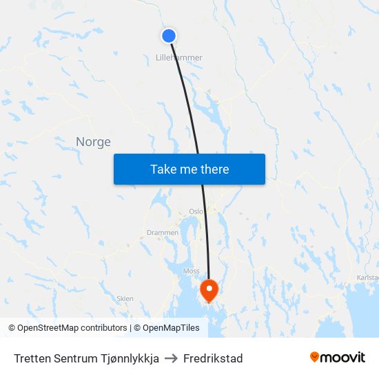 Tretten Sentrum Tjønnlykkja to Fredrikstad map