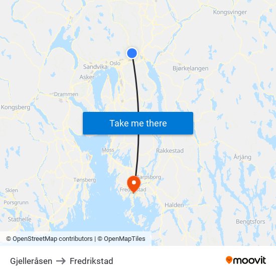 Gjelleråsen to Fredrikstad map
