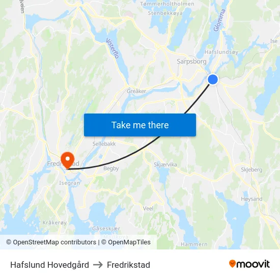 Hafslund Hovedgård to Fredrikstad map