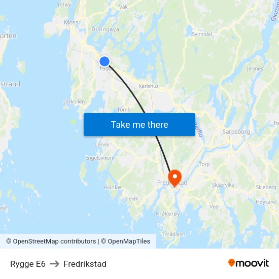 Rygge E6 to Fredrikstad map