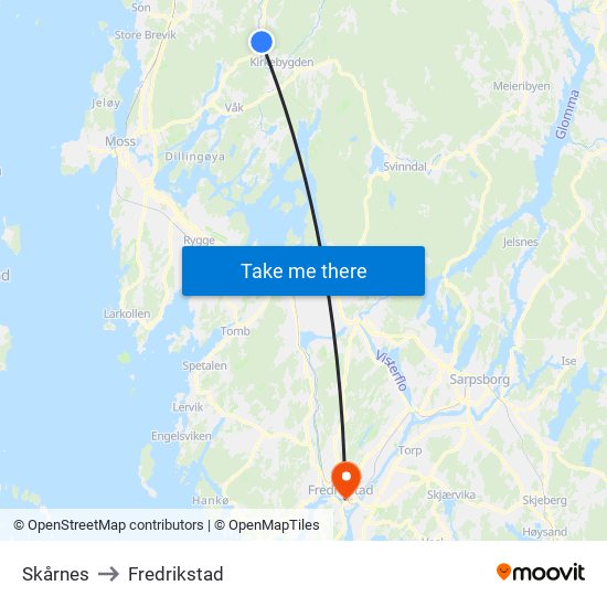 Skårnes to Fredrikstad map