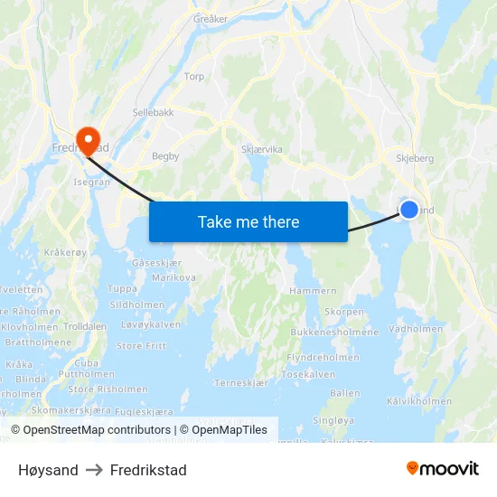 Høysand to Fredrikstad map