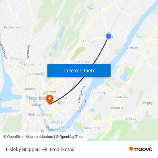 Lisleby Snippen to Fredrikstad map