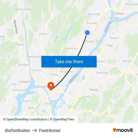 Østfoldhallen to Fredrikstad map