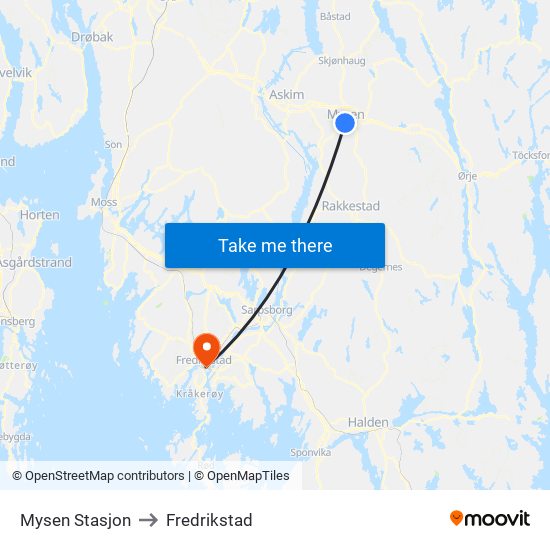 Mysen Stasjon to Fredrikstad map