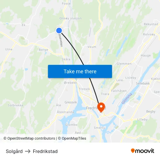 Solgård to Fredrikstad map