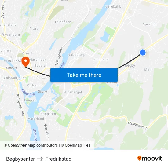 Begbysenter to Fredrikstad map