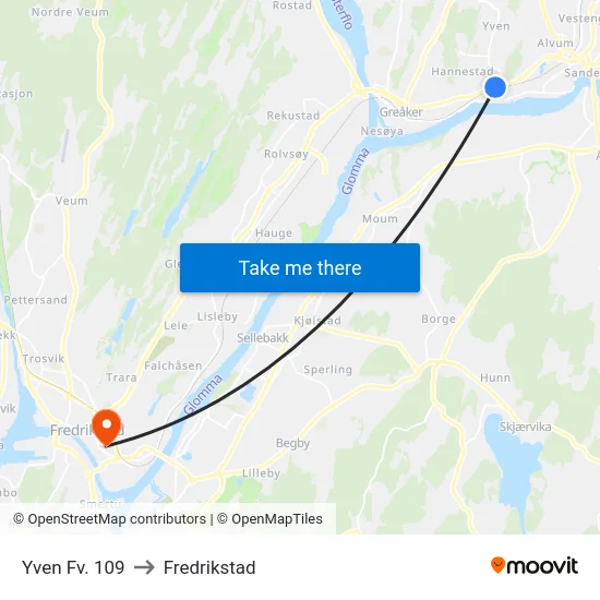 Yven Fv. 109 to Fredrikstad map