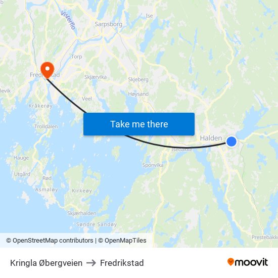 Kringla Øbergveien to Fredrikstad map