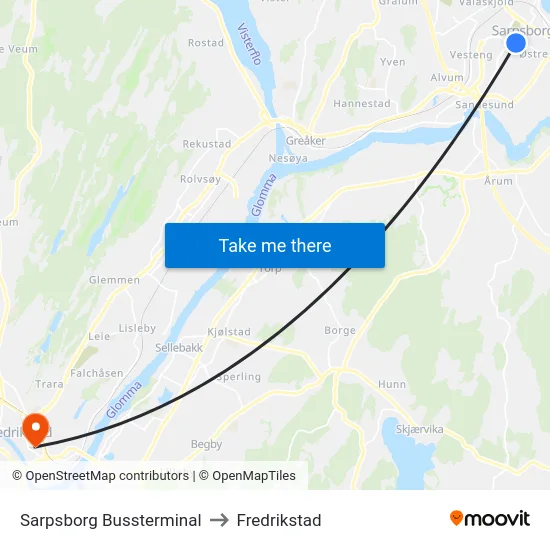 Sarpsborg Bussterminal to Fredrikstad map